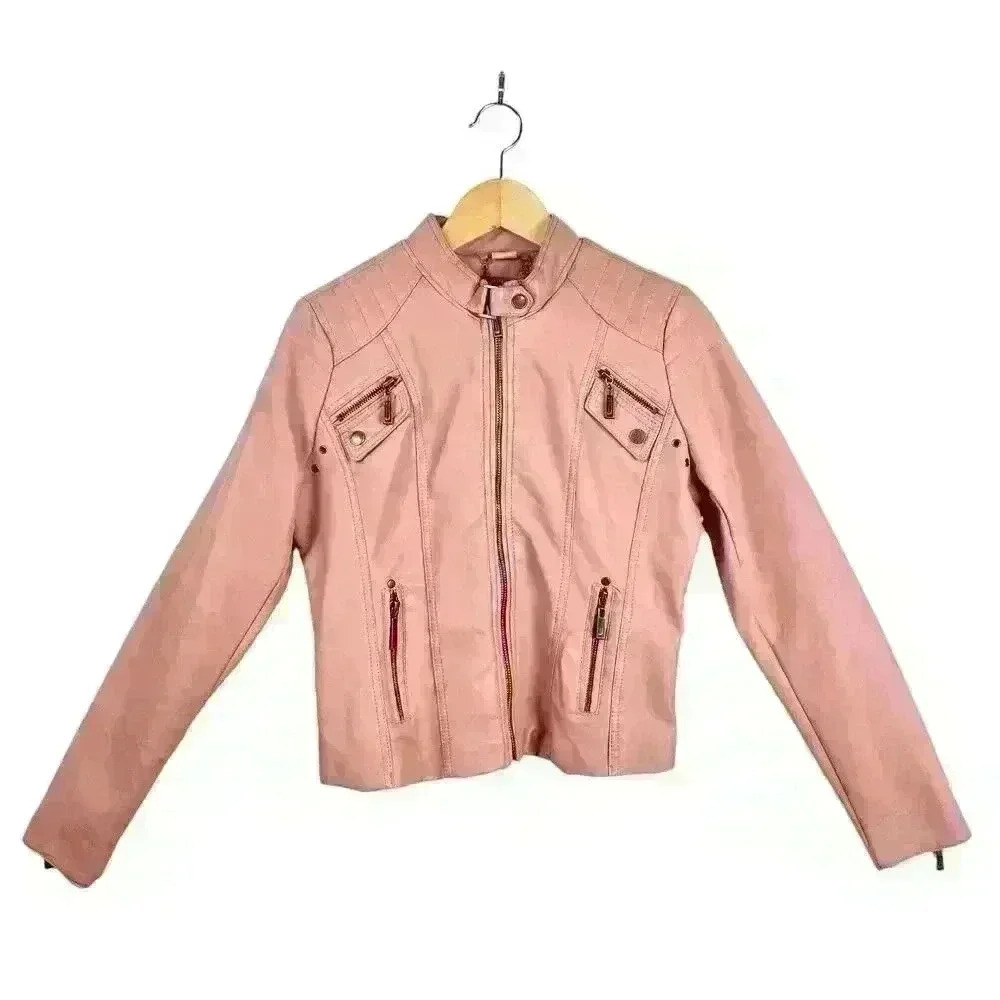 Joujou Pink Faux Leather Moto Jacket Girls XL /Wmn S Y2K Rocker Biker Girly Girl